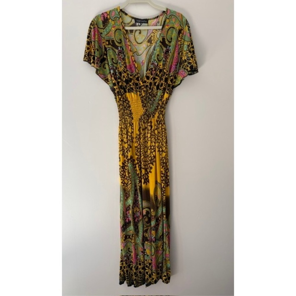 Liang E Liang Ying Yellow Paisley Leopard Print Smocked Waist Boho Maxi Dress